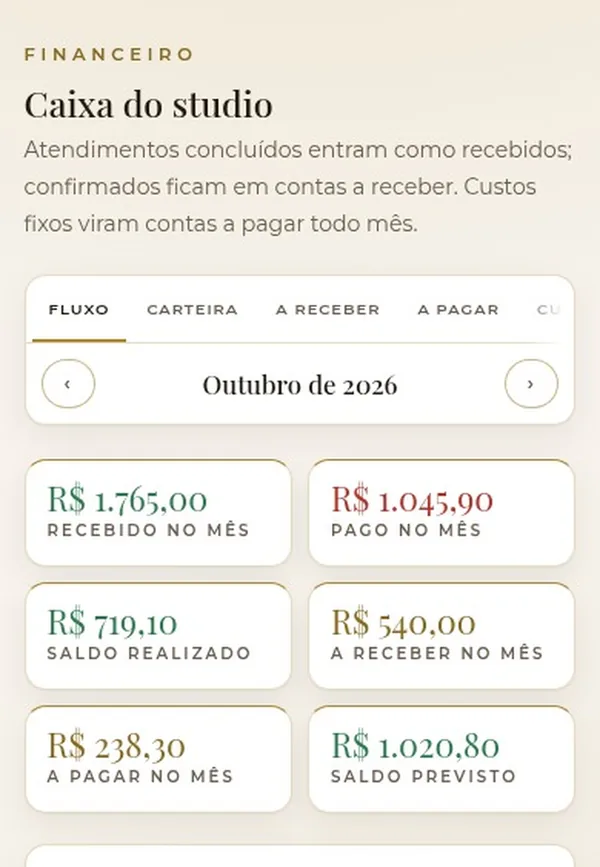 Tela do Agenda Studio: financeiro do mês